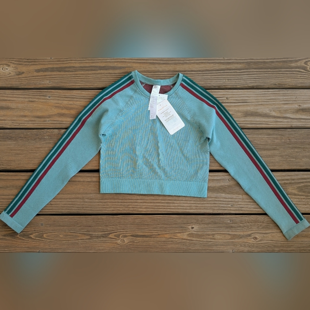 Fabletics Teal Crew Neck Crop Top with Striped Accents
